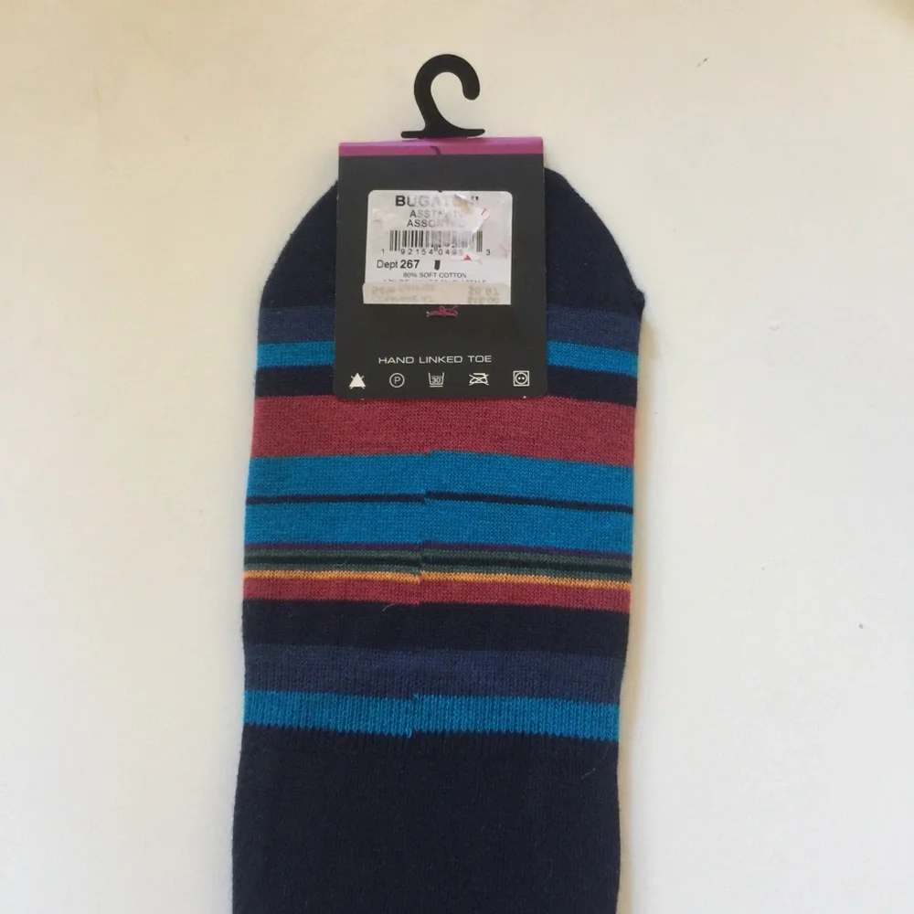 BUGATCHI MENS COTTON LINER SOCKS  BLUE MULTI-COLOR STRIPE OS NWT